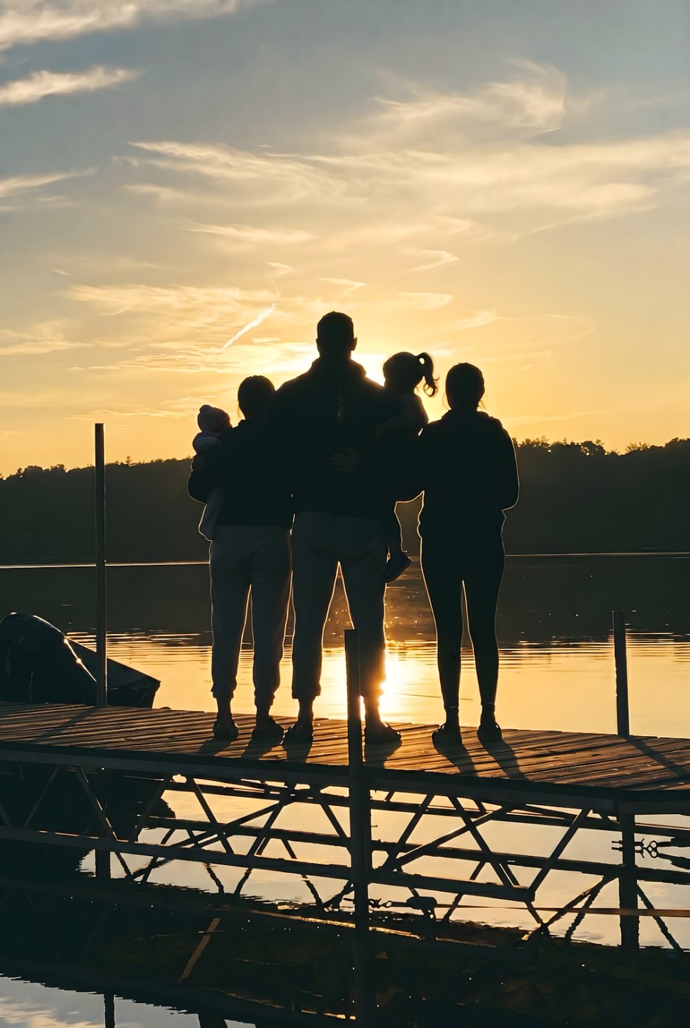 A family together at sunset on a lakeside dock.